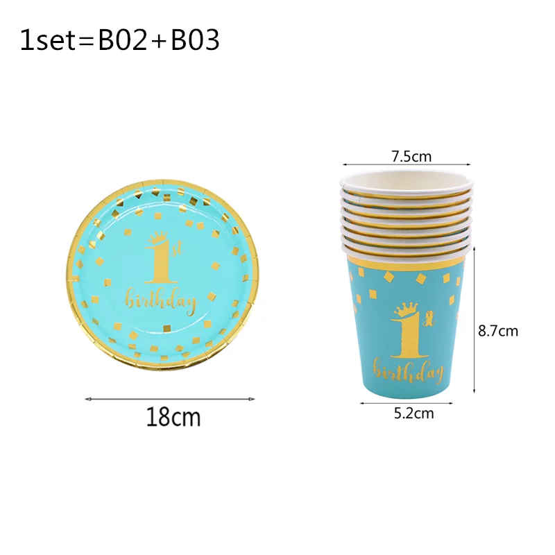 1st Birthday Party Supplies Pink Blue Paper Plates Cups Straws Disposable Tableware Banner Gender Reveal Baby Shower Party Decor - Цвет: blueT02