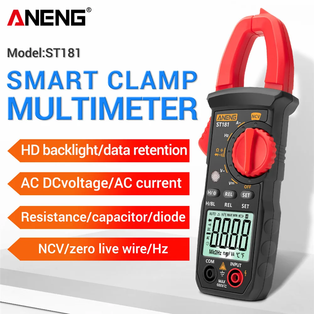 

ANENG ST181 Digital Clamp Meter DC/AC Current 4000 Counts Multimeter Ammeter Voltage Tester Car Amp Hz Capacitance NCV Ohm Test
