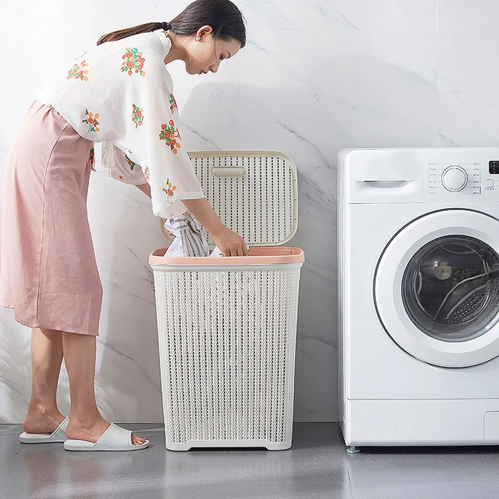 

Simple Rattan Style Large Laundry Basket With Lid Dirty Clothes Organizer Housekeeping Storage Basket With Cover Supplies
