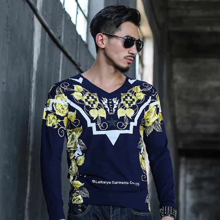Осень 2020 модная мужская футболка с цветочным принтом украшение длинный рукав для