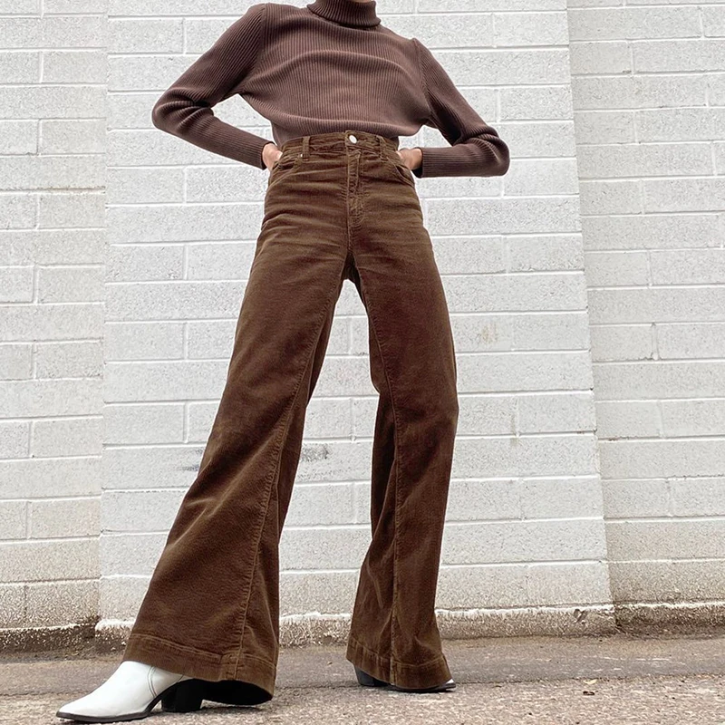 

Streetwear Brown High Waist Corduroy Flare Pants Women Winter Fashion 2020 Harajuku Trousers Khaki Y2K Sweat Pant Female Capri