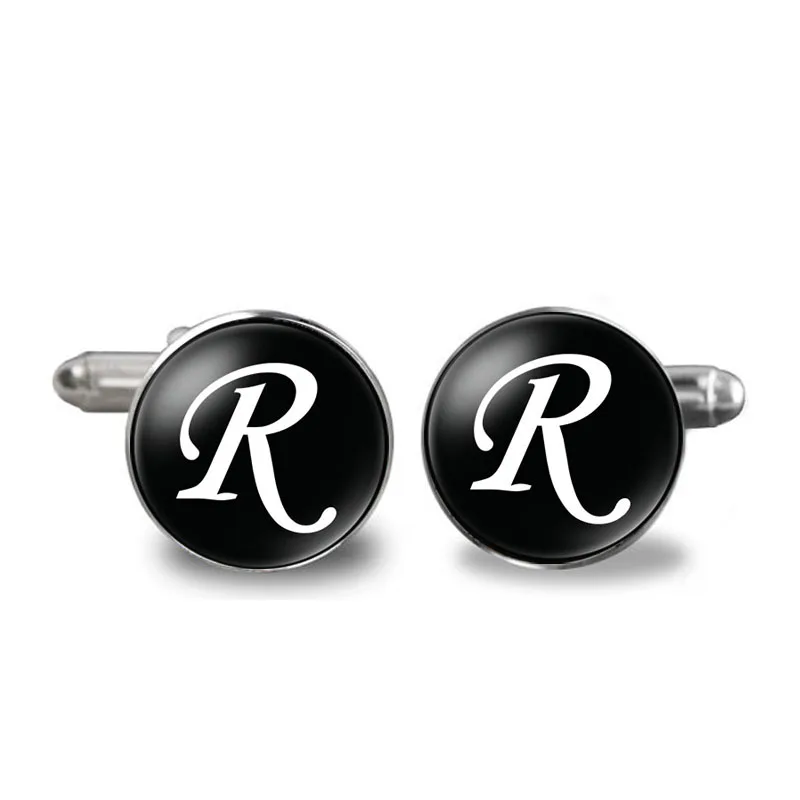 1 пара Запонки мужские A-Z запонки «Алфавит» серебряный цвет кнопка запонки с буквами для мужчин джентльменская рубашка Свадебные Запонки - Окраска металла: R