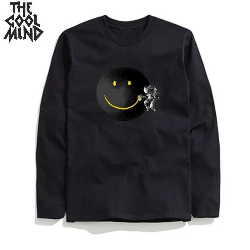 MO0120CML-BLK COOLMIND Мужская футболка из хлопка с длинным рукавом, повседневная мужская футболка с круглым вырезом, крутая трикотажная Мужская футболка, мужские футболки - Цвет: MO0120CML-BLK