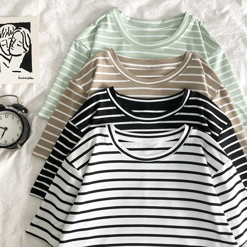 T Shirt Women Solid Color Striped Punk T-shirt O-Neck Casual Harajuku Short Sleeve Korean Fashion Shirt Camiseta Feminina Top