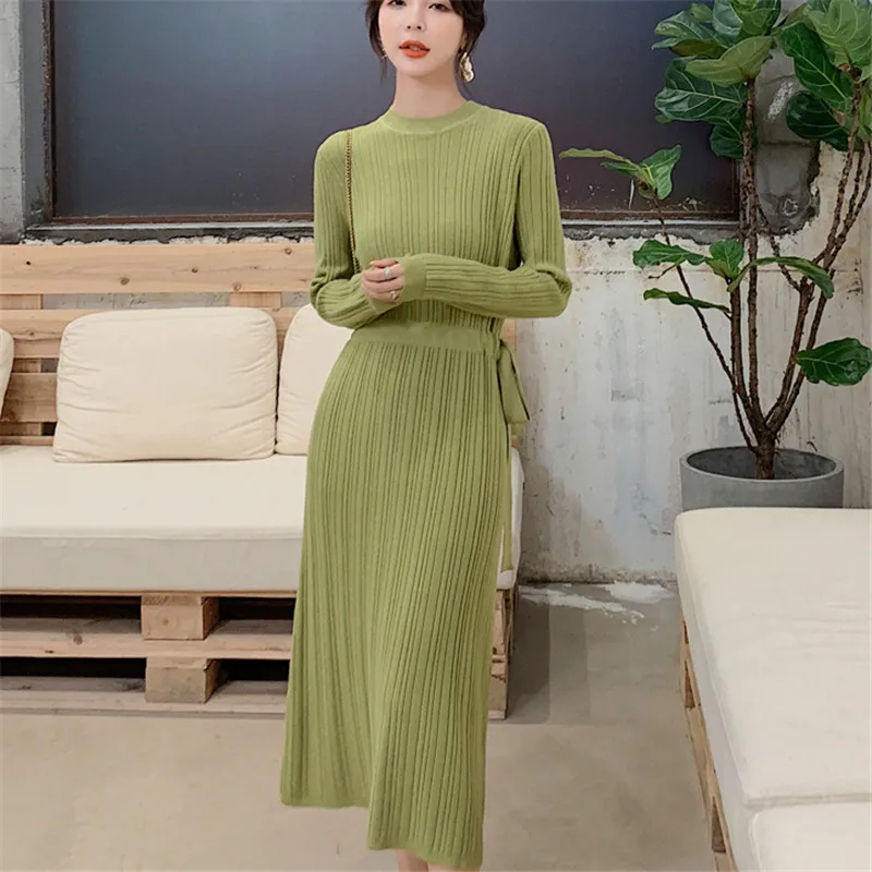 Korean Autumn Knitted Dress Women Sweater Dress Elegant Woman High Waist Bottom Sweaters Dresses Woman Stretch Sweaters Dresses