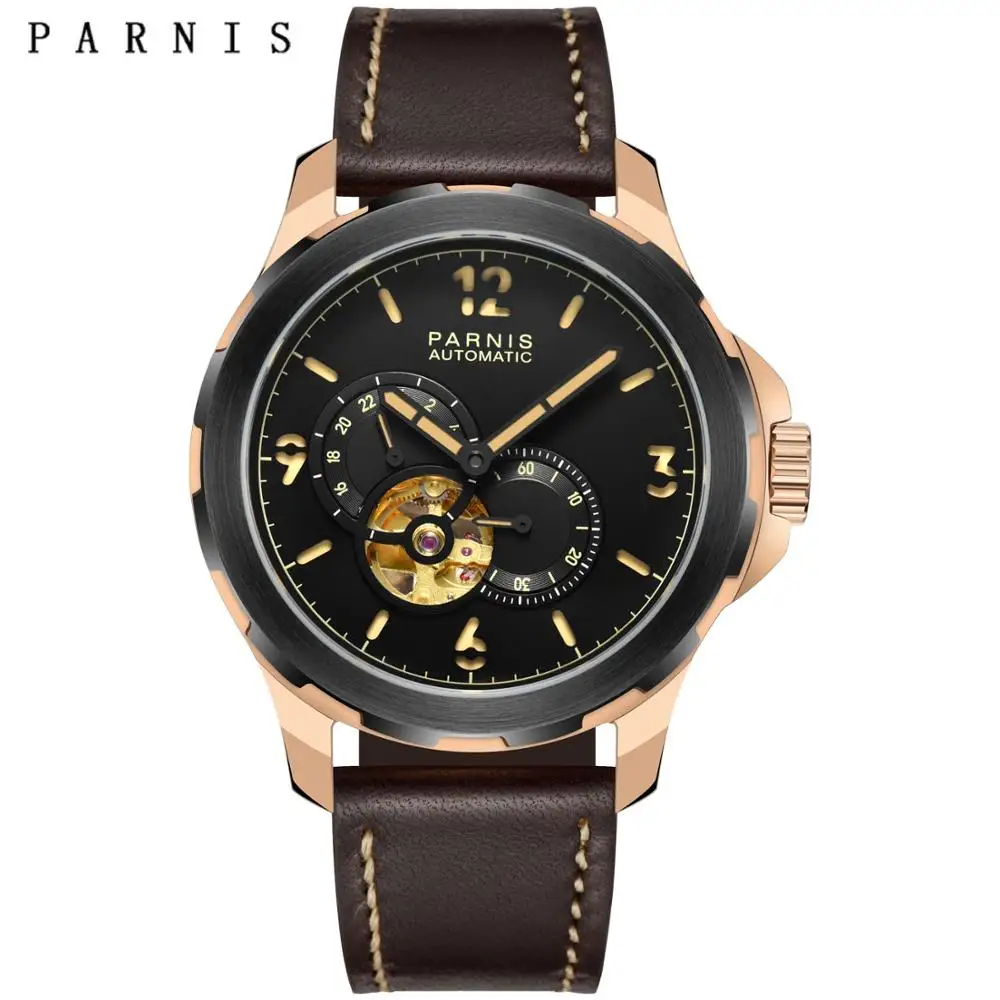 Модные Parnis механические Автоматические Мужские часы 44 мм с кожаным Tourbillon, мужские часы с датой, водонепроницаемые военные мужские часы, подарок