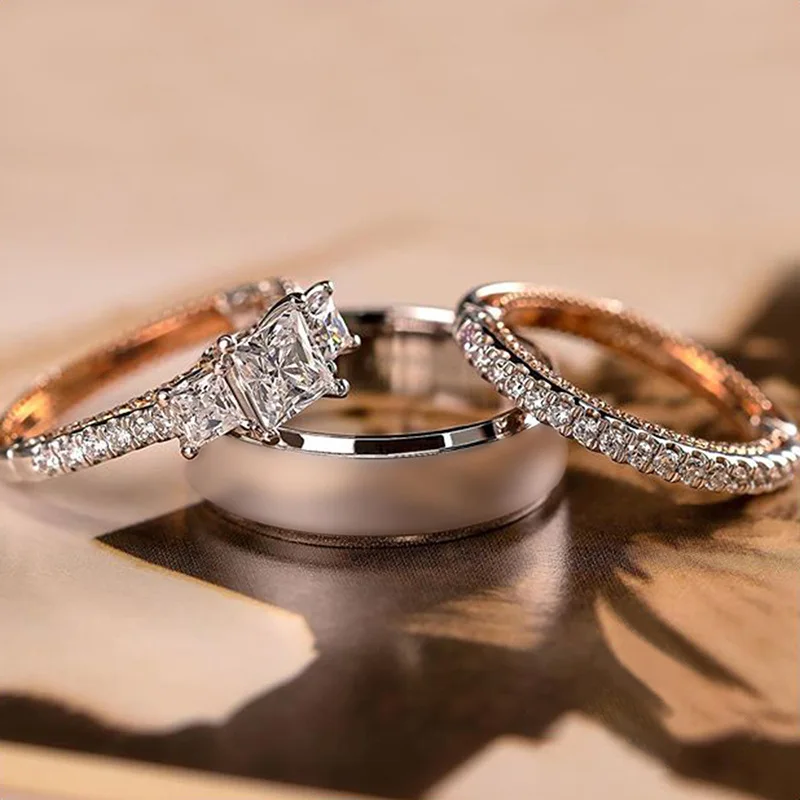 

3Pcs/Set Bride Wedding Ring Set Classic Square Zircon Princess Ring Valentine's Day Promise Ring Engagement Jewelry Lover's Gift