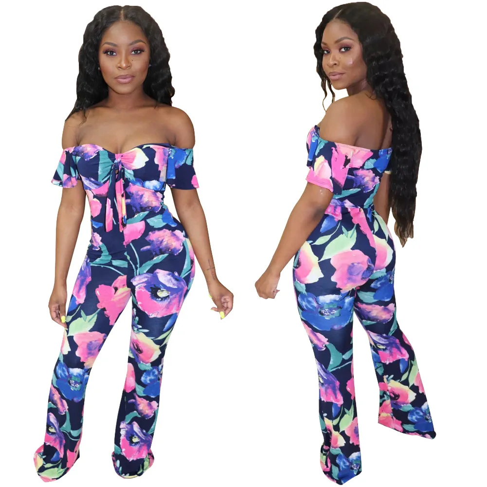 

Sexy Wrap-around Hollow-out Printed Jumpsuit Horizontal Neck Jumpsuit European and American Women's Clothes