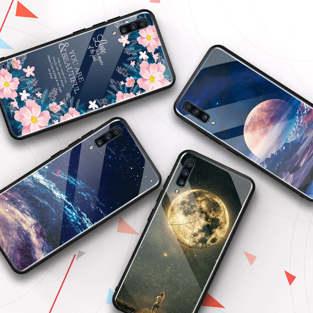 

Luxury Tempered Glass Case For Samsung Galaxy A70 A50 A30 A20 A10 Case Pattern Cover Hard Bumper on A 70 50 30 20 10 Phone Cases