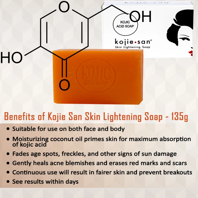 Kojie San, Отбеливающее мыло, темная черная кожа, осветляющее мыло, Aojic кислоты, глицерин, отбеливающий для тела, мыло, 2x65 г, P50