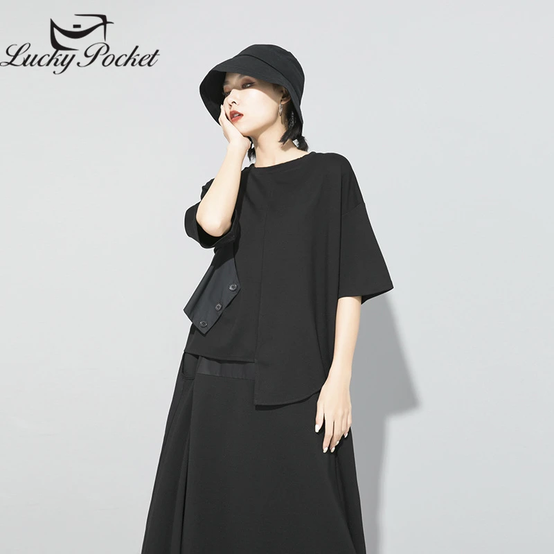 Women Summer New Plus Szie Solid Color Irregular T-Shirt Ladies Fashion Black Fake Two Vest Short Sleeve Loose O-Neck Top ZY184 | Женская