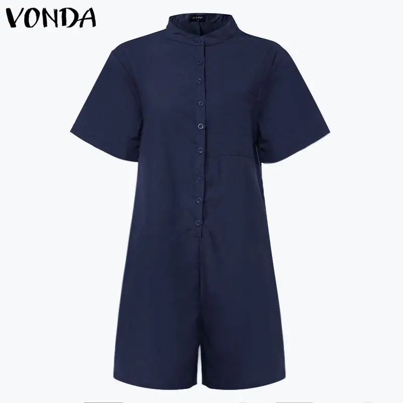 Navy Комбинезоны женские сексуальные с v-образным вырезом комбинезоны VONDA широкие шорты женские Palazzo комбинезоны с коротким рукавом Комбинезоны Macacao Feminino - Цвет: Navy