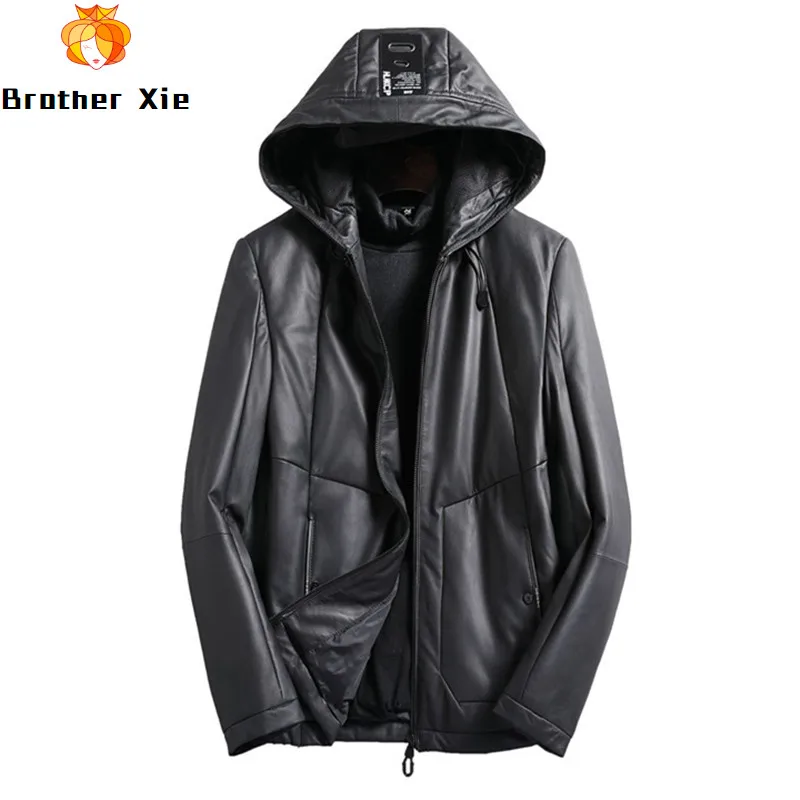 

Men's 100% Real Sheepskin Jackets Black Duck Down Jacket Winter Genuine Hooded Leather Coat for Male
