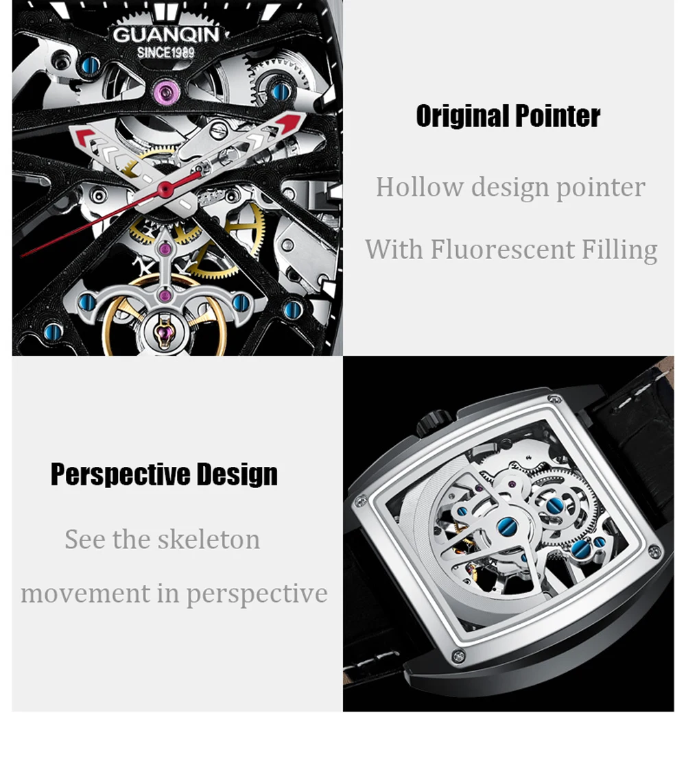 2021 New GUANQIN Tourbillon Men's Mechanical Watches Skeleton Luxury automatic watch for men Waterproof Clock man reloj hombre