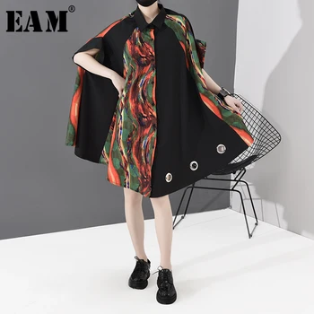 

[EAM] Women Pattern Printed Hollow Out Big Size Shirt Dress New Lapel Half Sleeve Loose Fit Fashion Spring Autumn 2020 1S533