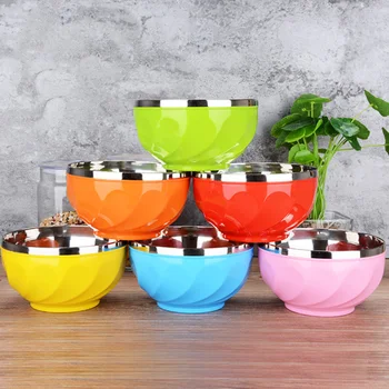 

Stainless Steel Rice Bowl Double-layer Anti-scald Anti-fall Insulation Color Bowl Dinner Bowl 13 / 15cm Bowl Salad Bowl Ramen