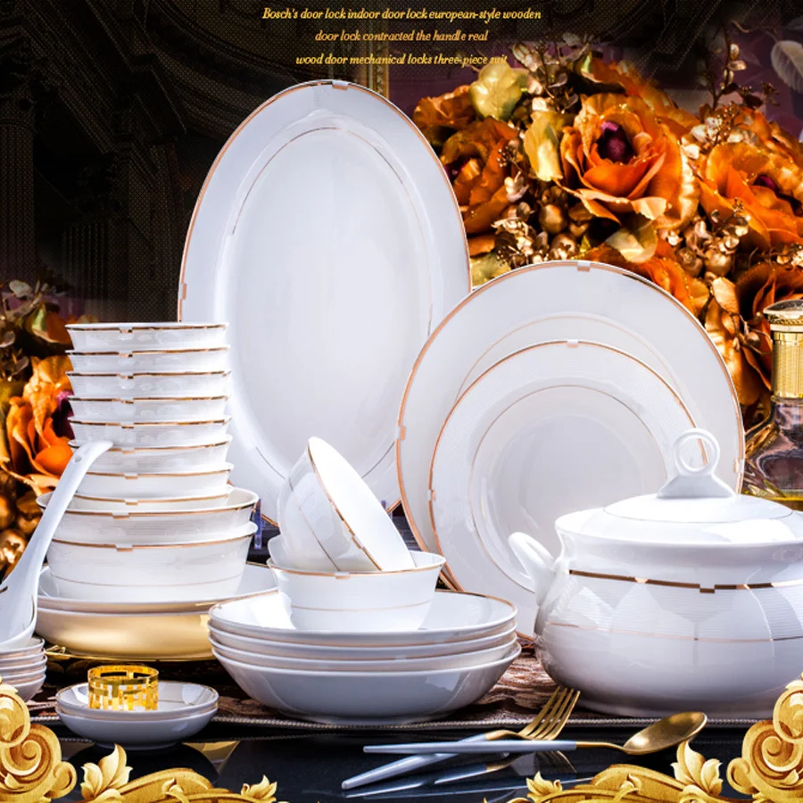 60 Heads Jingdezhen Ceramic Dinner Dish Kitchen Tableware Rice Bowl Soup Bowl Salad Noodles Bowl Plate Dish Bowl Dinnerware Set
