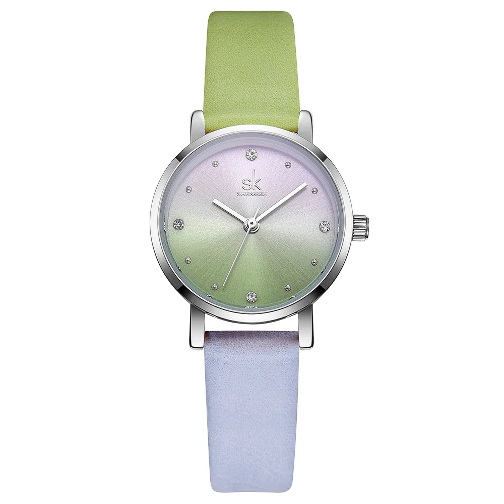 green purple Shengke, женские часы, креативный кожаный ремешок, наручные часы, роскошный кристалл, женские часы, для молодых девушек, модные женские часы, кварцевые часы - Цвет: green purple