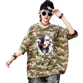 

Streetwear Camouflage 2020 Summer New Arrivals T Shirts For WomenHole O Neck Tees And Tops 130CM Chest Pullovers Female