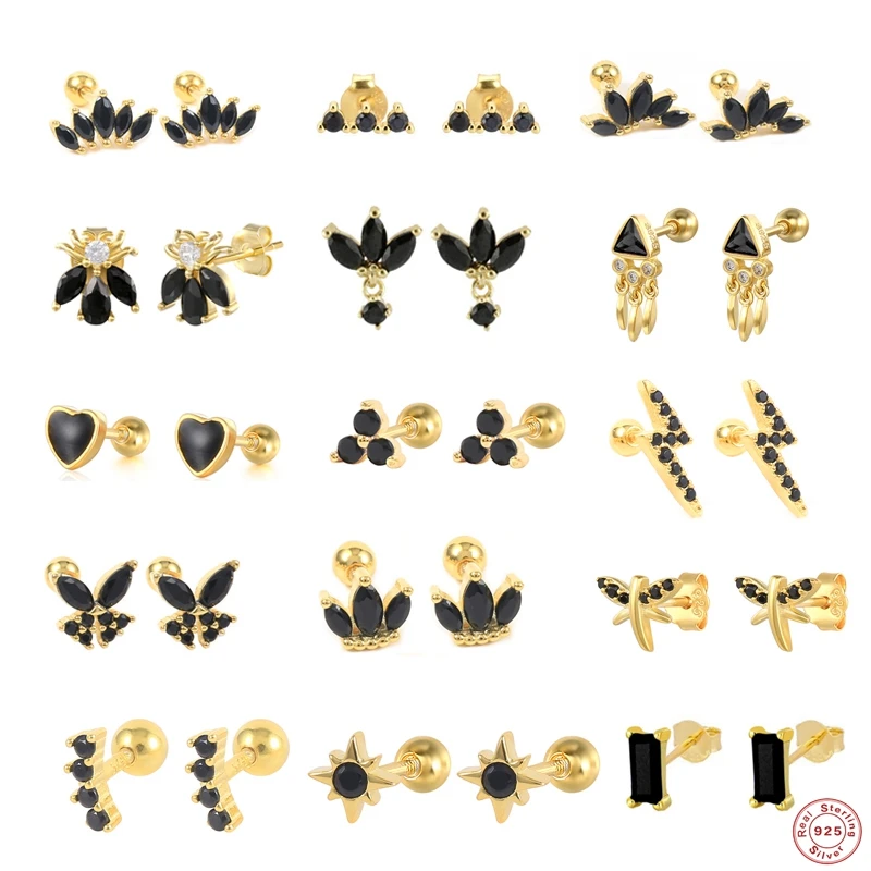 2PCS 피어싱 Aretes 스터드 귀걸이 블랙 지르콘 나비 크라운 꿀벌 러브 하트 연골 귀걸이 여성을위한