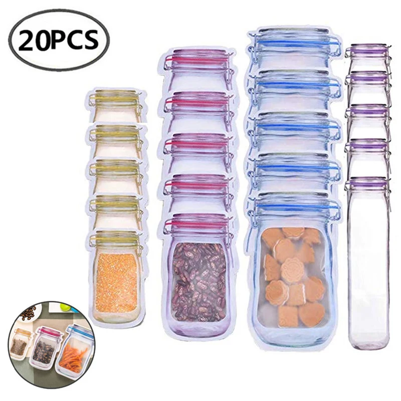 100/60/20 Reusable Mason Jar Portable Zipper Bags Set Sealed Food Saver Storage Nuts Candy Cookies Leakproof Ziplock | Дом и сад