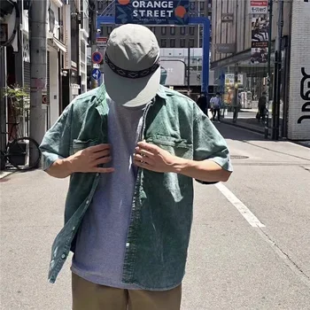 

20SS CAVEMPT C. E shirts Hip-Hop Streetwear Washed Do Old Batik CAVEMPT Shirt men women Home-grown Green Corduroy short sleeved