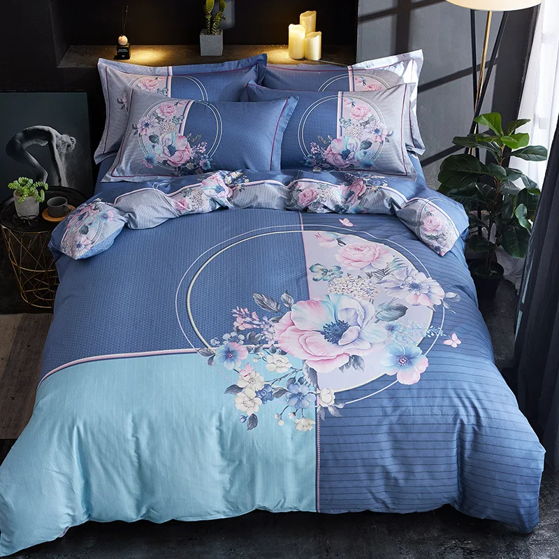 

High-end Full Cotton 60support Large Version Flower Home Textile Bedding 4-piece Set High-density Zipper Quilt Cover Bed Sheets