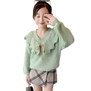 

New Girls Sweater Thick Velvet Children's Sweaters Long Sleeve Girl Outerwear Kids Fall Fashion Knitted Sweater For Girls Party