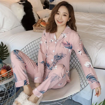 

2020 Lounge Wear Pijamas Women Cotton Spring Two-piece Set Long Sleeve Cardigan Winter Homewear Plus Size M-2XL Pajamas Lapel