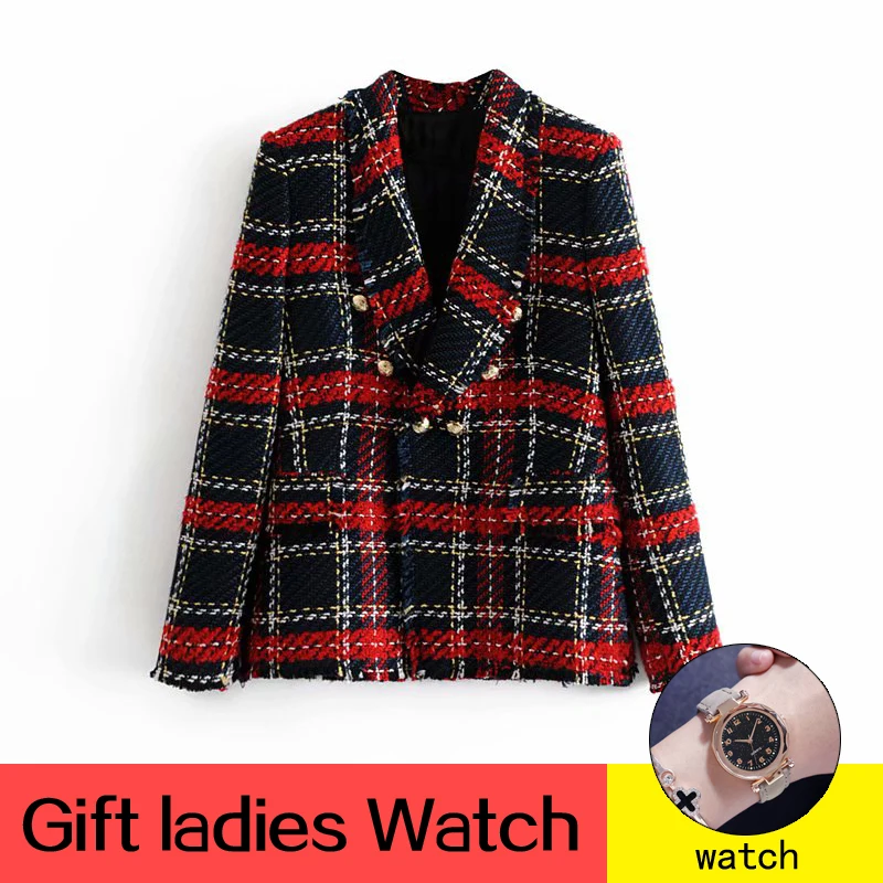 

Double Breasted Pocket Za Fashion Vintage Patchwork Plaid Tweed Women Jacket Long Sleeve Female Coat Casaco Femme Blazerfenimino