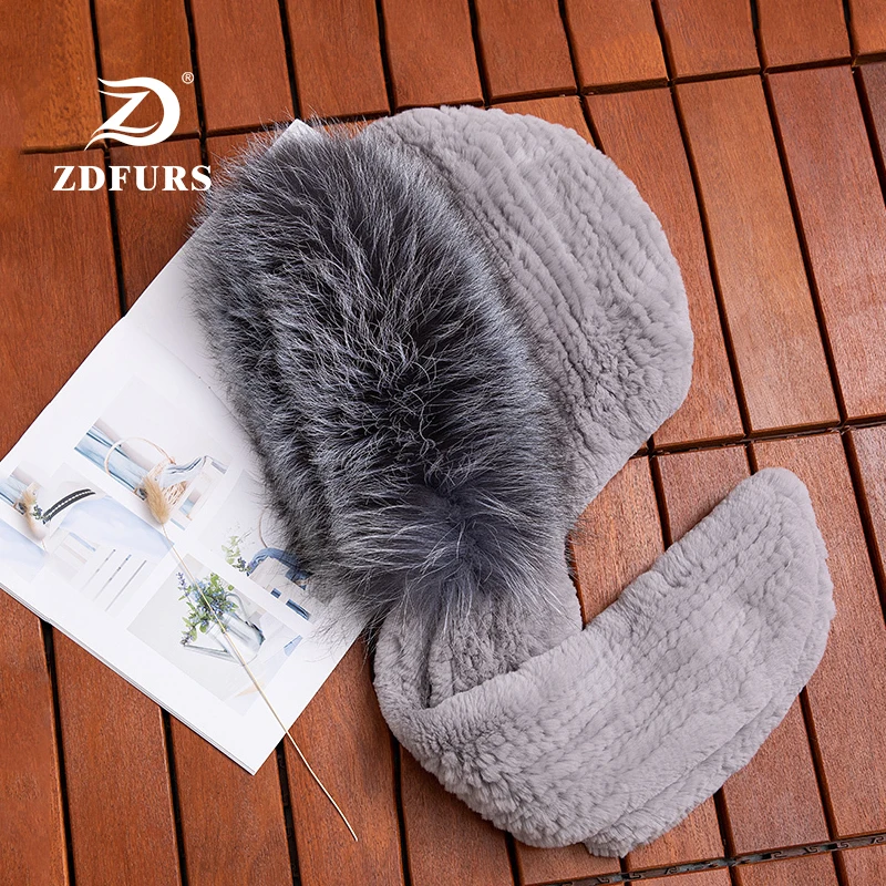 

ZDFURS *2019 New Women Rex Rabbit Fur Scarves with Silver Fox Fur Strips Winter Warm Fur Hat Scarf Fashion Girls Russian Snow