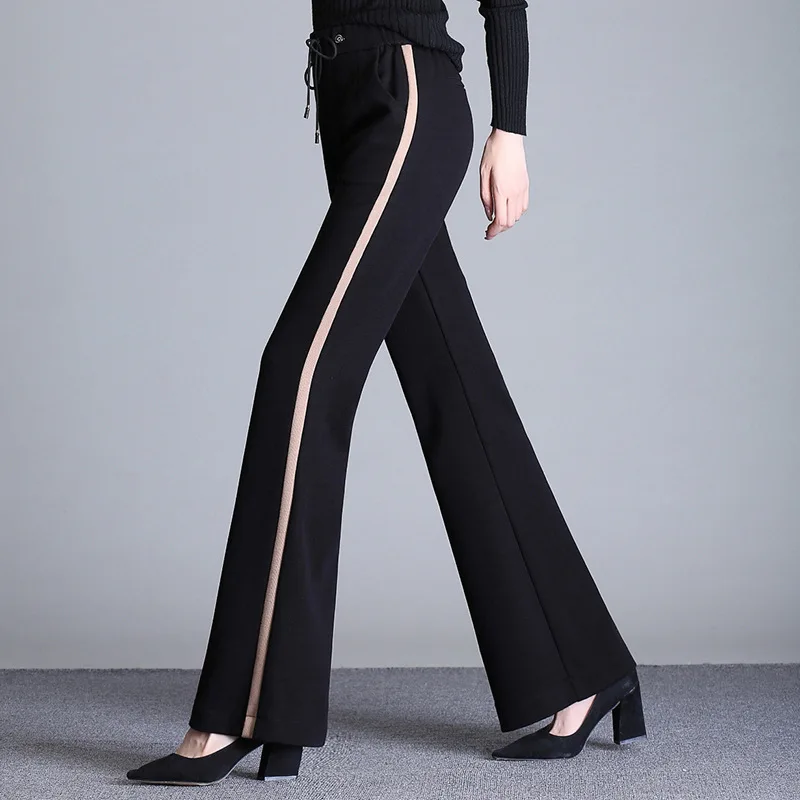 

2019 Autumn New Style WOMEN'S Dress Black And White with Pattern Side Edge Mixed Colors Stripes High-waisted of Belt Loose Pants