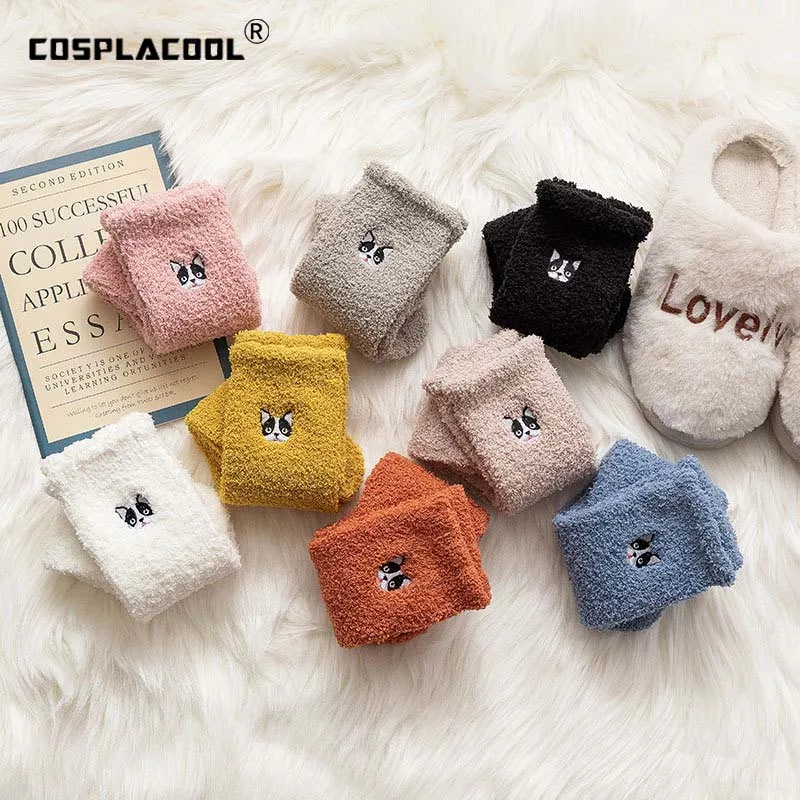 Harajuku вышивка Мопс забавные носки Рождественские теплые носки женские Divertidos креативные Sokken Коралловый Флис женские носки