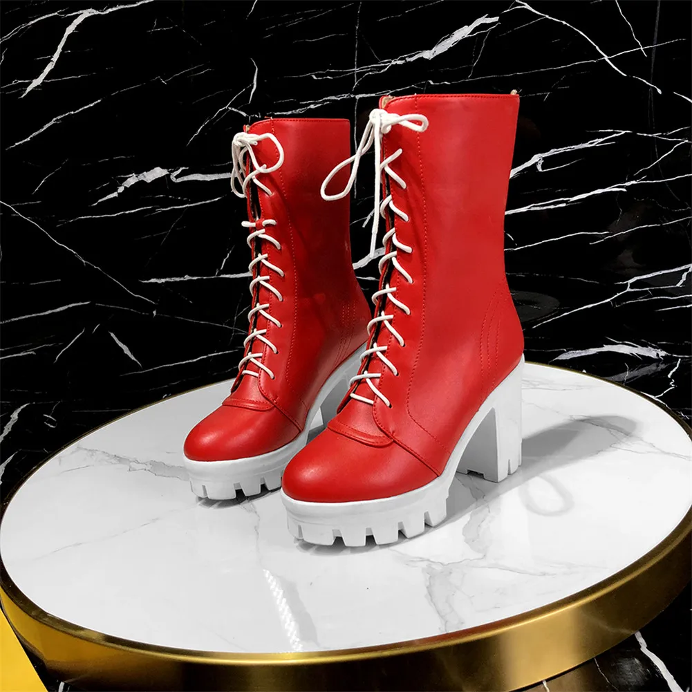 RIBETRINI/Лидер продаж; сапоги до середины икры на платформе; женская обувь; обувь на высоком массивном каблуке со шнуровкой; обувь на меху; сезон осень-зима; женские ботинки