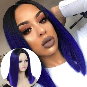 Image 5 - Yüz Ombre takı mavi pembe keten kahverengi omuz uzunluğu düz isıya dayanıklı sentetik saç peruk siyah kadınlar için Cosplay