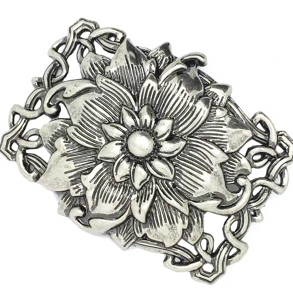 Vintage 3D Lotus Flower Belt Buckle Buddha Zinc Alloy Rodeo Cowgirl Retro