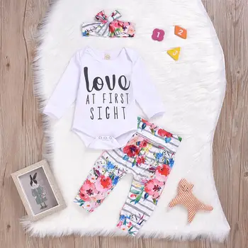 

New Arrival Baby Girls Long Sleeve Romper + Pant + Headband 3PC Clothes set Love at first sight printed Children outfits