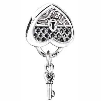 

New 925 Sterling Silver Bead Charm Vintage Openwork Love Heart Lock & Key Pendant Bead Fit Pandora Bracelet Bangle Diy Jewelry