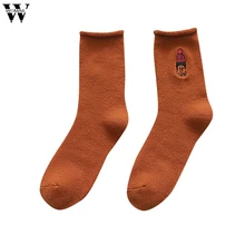 Женские одноцветные зимние теплые махровые носки с капюшоном и вышивкой для верховой езды, утолщенные хлопковые носки