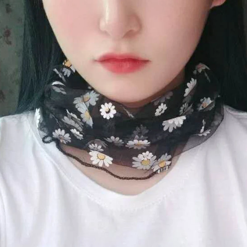 

Women Small Daisy Chiffon Mesh Lace Neck Collar Scarf Spring Summer Head Thin Sunscreen Silk Anti-Uv Thin Scarf