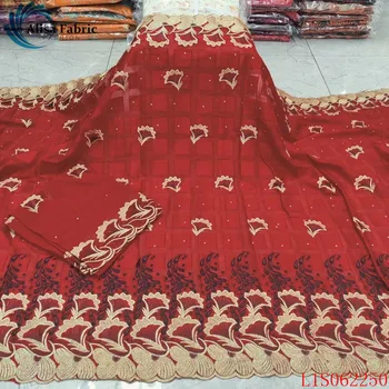 

Alisa red embroidery african dry lace 100% cotton fabric square design with stones swiss voile chiffon fabrics 5+2 yards/set