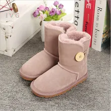 Брендовые Детские зимние сапоги для мальчиков и девочек в австралийском стиле; водонепроницаемые детские зимние сапоги из коровьей кожи с пуговицами; женская теплая обувь; EU21-34