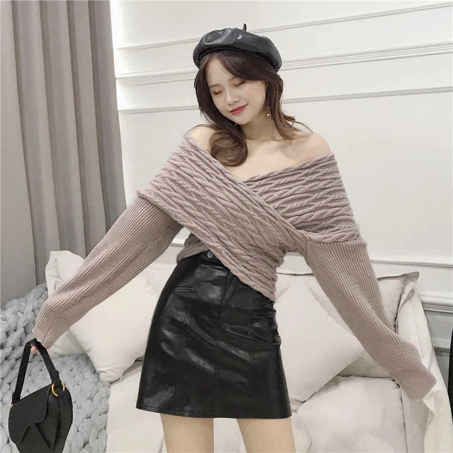 Высокое качество, осень, корейская мода, Женский Повседневный тонкий однотонный пуловер с открытыми плечами, крест-накрест, v-образный вырез, Свитера A593