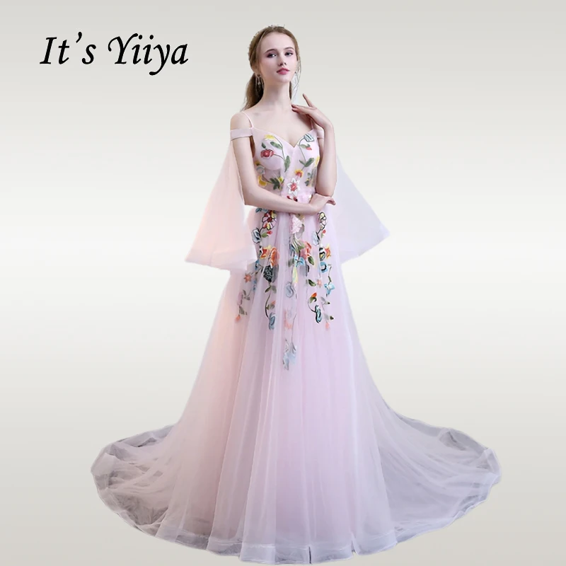 

It's YiiYa Wedding Dress Elegant Boat Neck Embroidery Floral Wedding Ball Gowns Off Shoulder Pink Train Robe De Mariee CH183