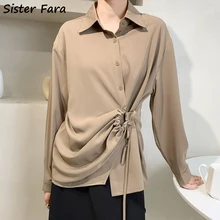 

Sister Fara Irregular Drawstring Shirt Spring Women's Loose Turn-down Collar Blouses Tops Autumn Ladies Lace Up Casual Blouse