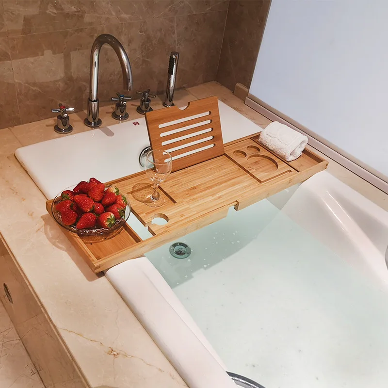 Bath Bamboo Sink Rack Bathtub Wind Rack Mobilephone Tablet Computer Shower Bar Storage Shelf Tray Retractable Bath Bracket
