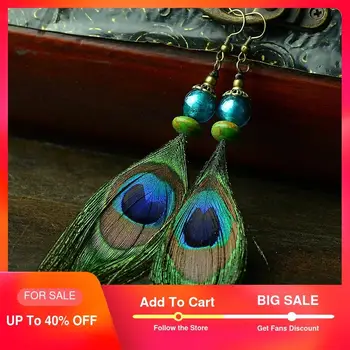 

ethnic earrings long for women green peacock feather drop color glazed beads green stone hanging hook vintage jewelry 2017