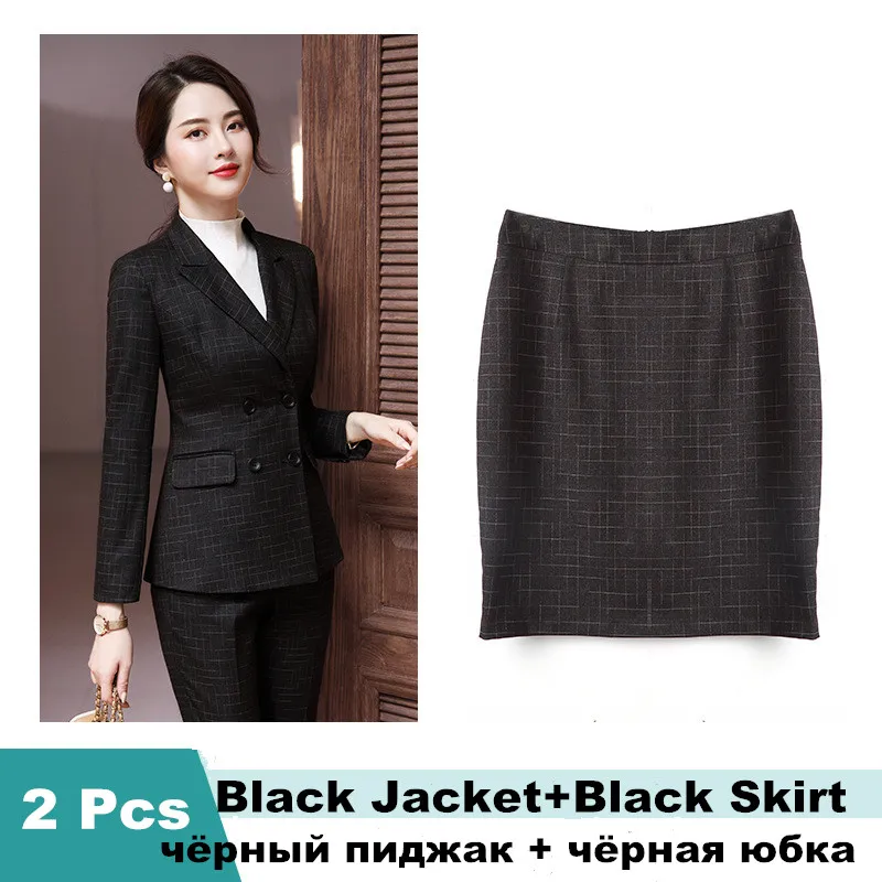 black skirt suit Женский брючный костюм, клетчатый Блейзер, набор, осень, высококлассный темпераментный костюм, Femme Manager, рабочая одежда, брючный костюм, 80806 - Цвет: black skirt suit