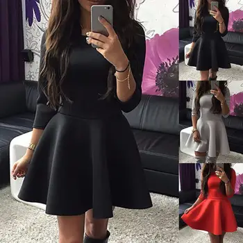 

2019 Black friday Lowest Price Retro Women Long Sleeve O Neck Waist Tight Large Swing Cocktail Party Mini Dress Xmas gift