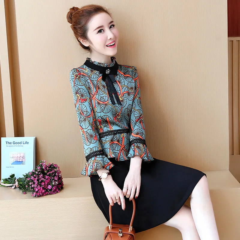 

2019 Spring Fake Two-Piece Elegant Waist Hugging Slimming Three-quarter-length Sleeve Chiffon Printed One-piece Dress